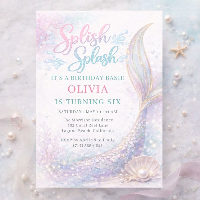 Mermaid Splish Splash 6th Birthday Bash Party Invitation (Creator Uploaded)
