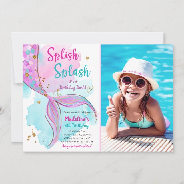 Mermaid Splish Splash Birthday Bash Girl Gold Invitation (Front)