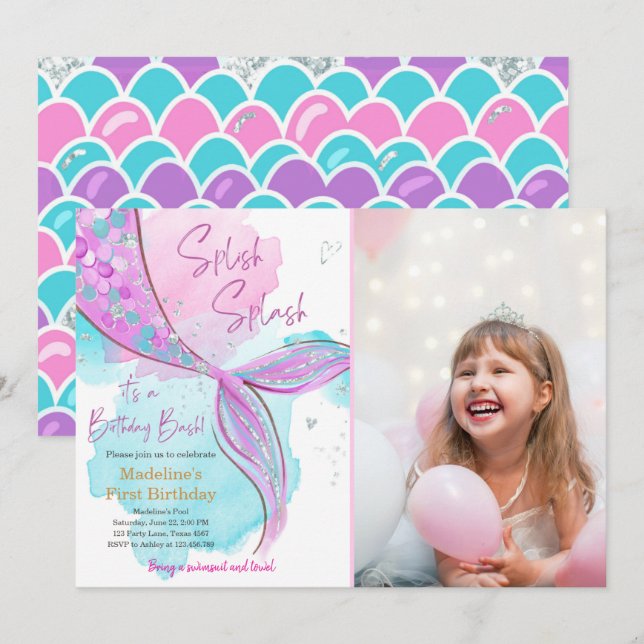Mermaid Splish Splash Pool Party Girl Birthday Inv Invitation (Front/Back)