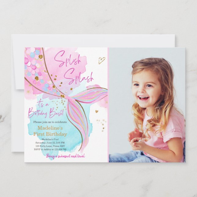 Mermaid Splish Splash Pool Party Girl Birthday Inv Invitation (Front)