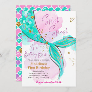 Mermaid Splish Splash Pool Party Girl Birthday Inv Invitation