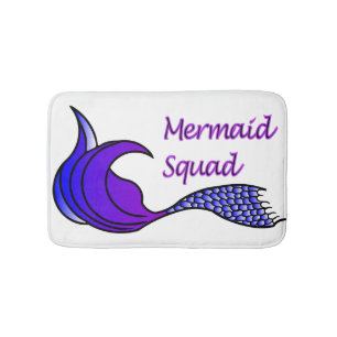 Mermaid Squad with purple tail on a bath mat
