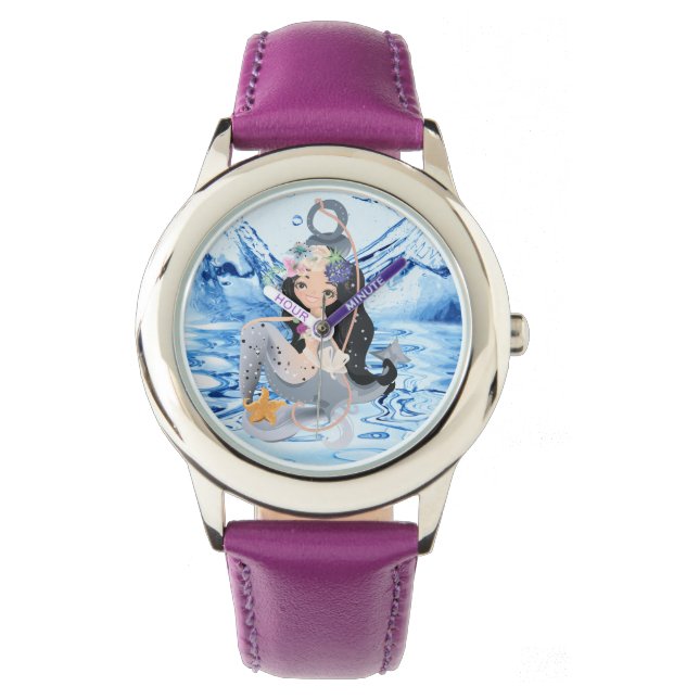 Mermaid - Stainless Steel Pink Leather Strap Watch (Front)