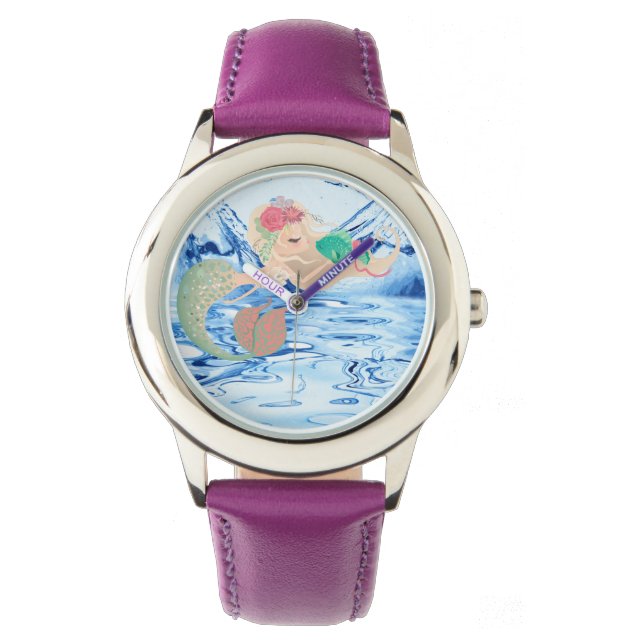 Mermaid - Stainless Steel Pink Leather Strap Watch (Front)
