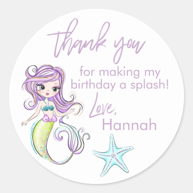 Mermaid Starfish Birthday Party Thank You Stickers (Front)