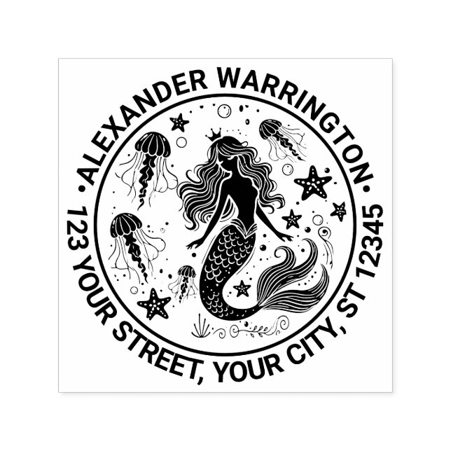Mermaid Starfish Jellyfish Name Return Address Self-inking Stamp (Design)