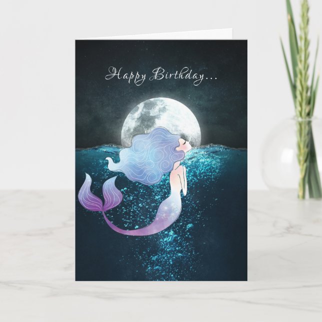 Mermaid Swimming with a Full Moon Beach Birthday Card (Front)