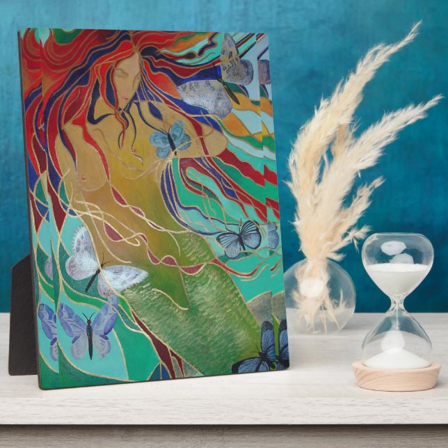 Mermaid Swimming with Butterflies Fantasy Art Plaque (Side)