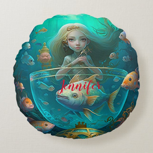Mermaid swimming with fish custom   round pillow (Front)