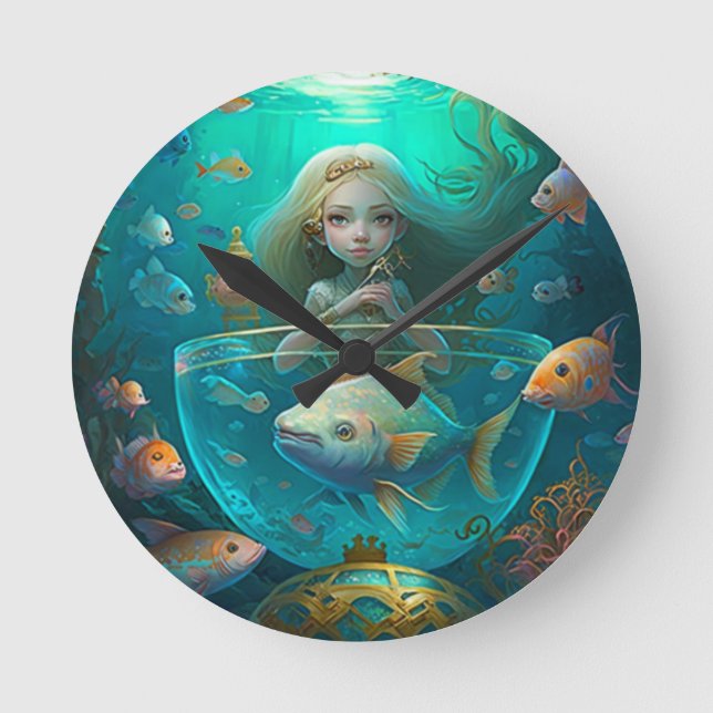 Mermaid swimming with fish  cute wall clock (Front)