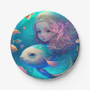 Mermaid swimming with fish  cute wall clock paper plate
