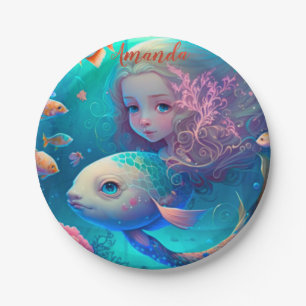 Mermaid swimming with fish  cute wall clock paper  plate
