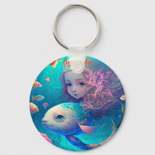 Mermaid swimming with fish   keychain