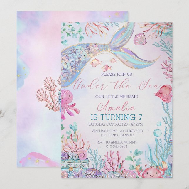 Mermaid Tail Anniversaire Invitation Mermaid Under (Devant / Derrière)