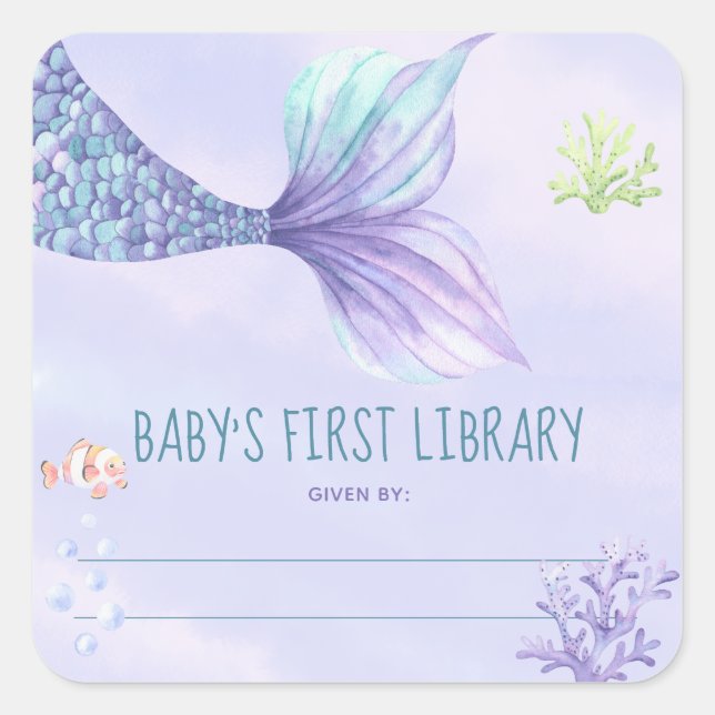 Mermaid tail - baby shower bookplate square sticker (Front)