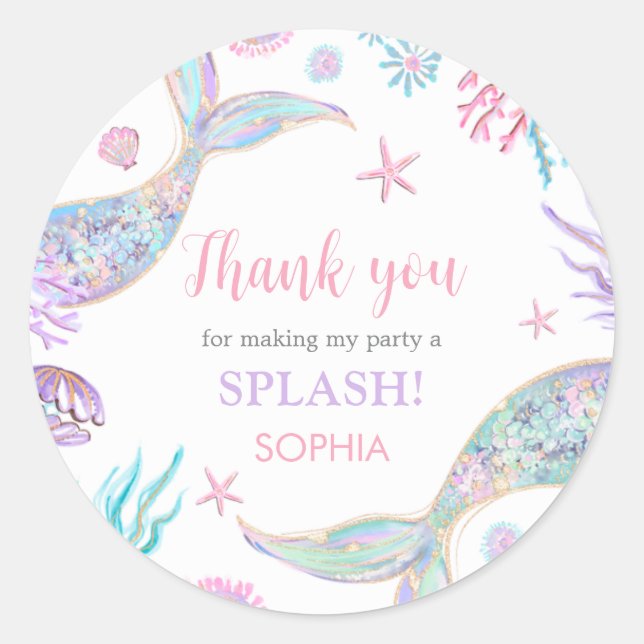 Mermaid Tail Fourth Birthday Party  Classic Round Sticker (Front)