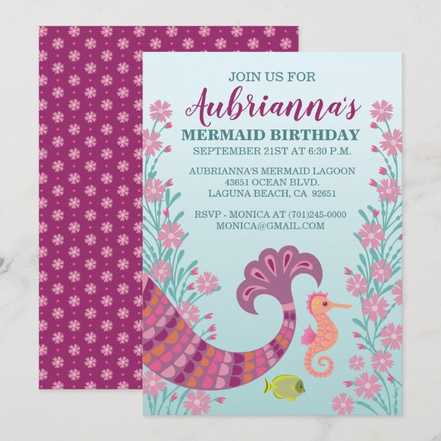 Mermaid Tail Girl Anniversaire Fête Invitation (Devant / Derrière)