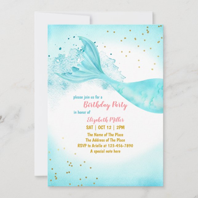 Mermaid Tail Girl Birthday Party Invitation (Front)