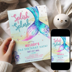 Mermaid Tail Glitter 2nd Birthday Invitation