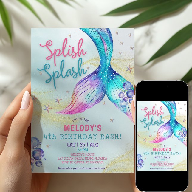 Mermaid Tail Glitter 4th Birthday Invitation (Creator Uploaded)