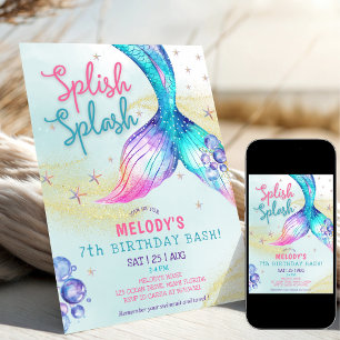 Mermaid Tail Glitter 7th Birthday Invitation