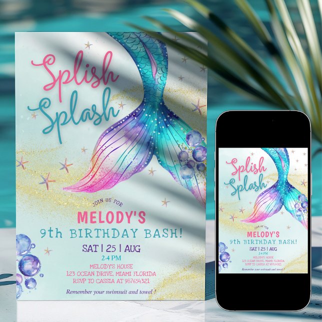 Mermaid Tail Glitter 9th Birthday Invitation (Creator Uploaded)