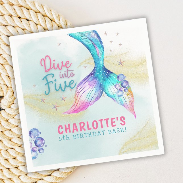 Mermaid Tail Glitter Dive into Five birthday Napkin (Creator Uploaded)