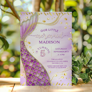 Mermaid Tail Gold Pink Purple Girl Birthday Party Invitation