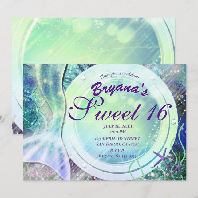 Mermaid Tail Magic Under Sea Sweet 16 Light Glow  Invitation (Front/Back)