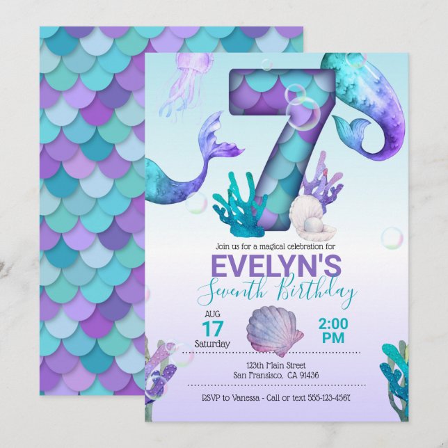 Mermaid Tail Mermaid Invitation au 7e anniversaire (Devant / Derrière)