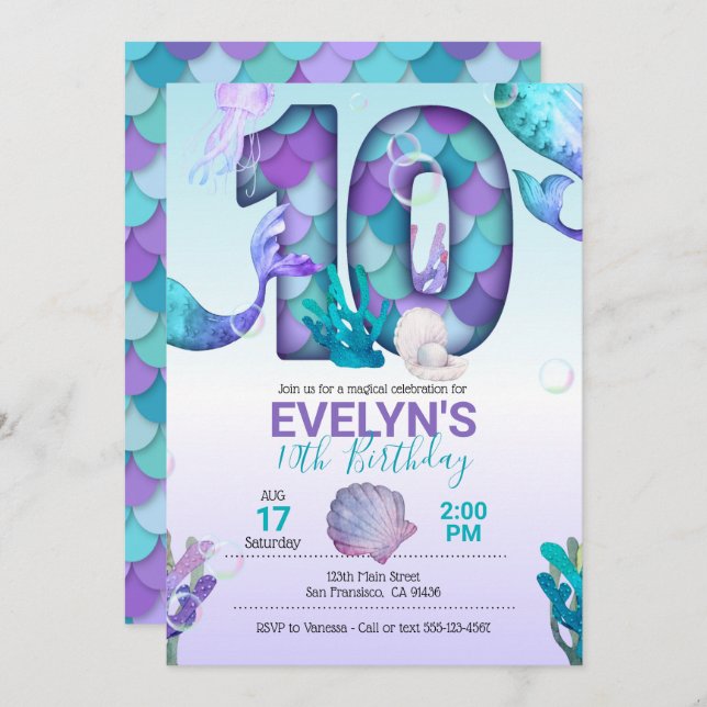 Mermaid Tail Mermaid Invitation for 10th Birthday (Front/Back)