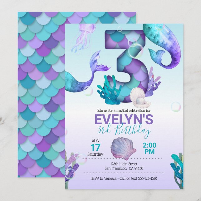 Mermaid Tail Mermaid Invitation for 3rd Birthday (Front/Back)