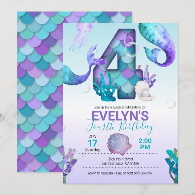 Mermaid Tail Mermaid Invitation pour le 4e anniver (Devant / Derrière)