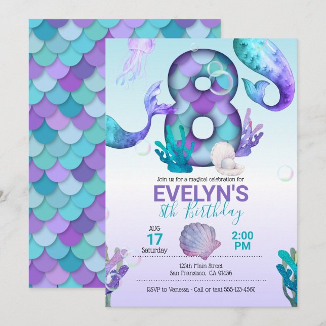 Mermaid Tail Mermaid Invitation pour le 8e anniver (Devant / Derrière)