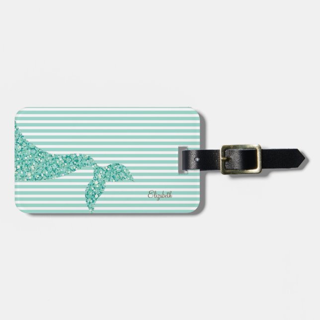 Mermaid Tail Mint White Stripes - Personalized Luggage Tag (Front Horizontal)