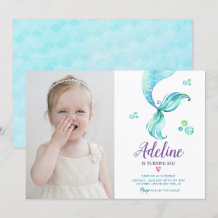Mermaid Tail Ocean Cute Watercolor Photo Birthday Invitation