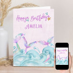 Mermaid Tail Ocean Waves Personalized Birthday Card<br><div class="desc">Personalized mermaid birthday card with Happy Birthday lettered in mermaid themed typography. Watercolor design with 3 mermaids splashing in the ocean waves in pretty shades of pink purple and turquoise blue. Cute fairytale fantasy birthday card which you can customize with a name on the front and optional message inside.</div>