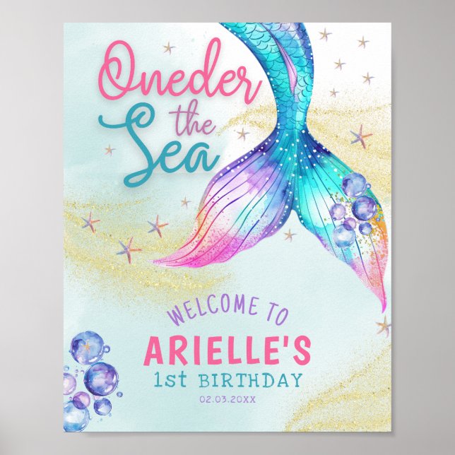 Mermaid Tail Onder the sea 1st birthday Welcome Poster (Front)