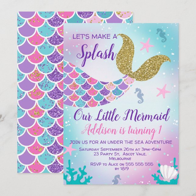 Mermaid Tail or rose pourpre Invitation Anniversai (Devant / Derrière)