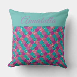 Mermaid Tail Pattern with Name on Teal Throw Pillow