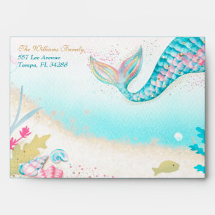 Mermaid Tail Sand Bar Teal Gold Ocean Party Envelope