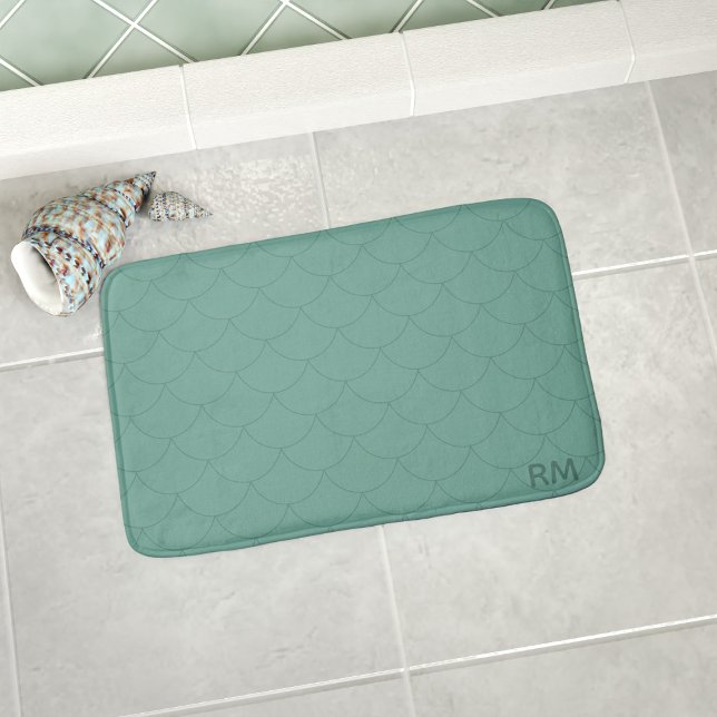 Mermaid Tail Scales Pattern Monogram Green Bath Mat (A green mermaid scales pattern bath mat with space for your initials. Available in 3 sizes S, M & L)