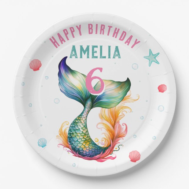 Mermaid Tail Seashells Bubbles Starfish Birthday  Paper Plate (Front)