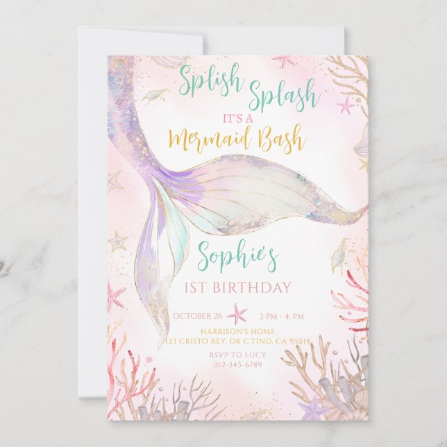 Mermaid Tail Splish Splash Pink Purple Birthday  Invitation (Front)