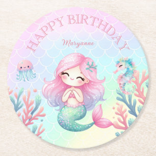 Mermaid Tail Teal Pink Girly Birthday Party Round Paper Coaster