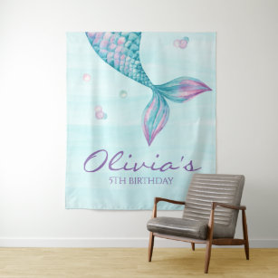 Mermaid Tail Under the Sea Birthday Banner Tapestry
