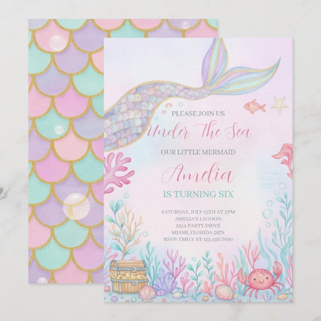 Mermaid Tail Under The Sea Birthday Invitation (Front/Back)