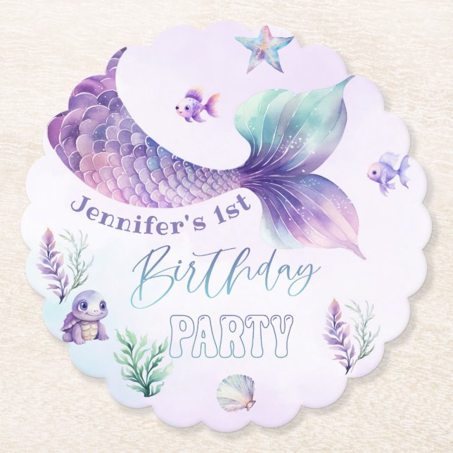 Mermaid tail Under the sea birthday party Paper Coaster (Front)