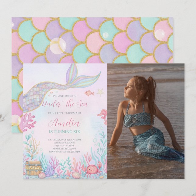 Mermaid Tail Under The Sea Birthday Photo Invitation (Front/Back)