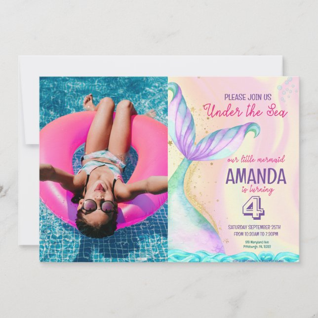 Mermaid tail Watercolor Birthday Under the Sea Invitation (Front)